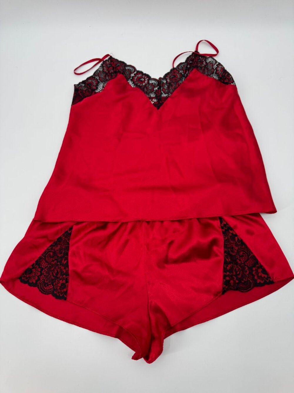 Secret Treasures Red Satin Cami Tap Shorts Pajama Set M Black Lace Lingerie 2PC - Picture 5 of 7